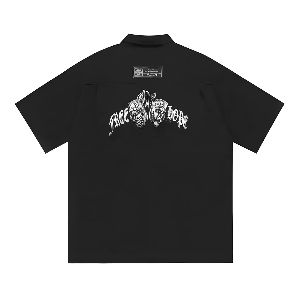 Men's black cotton blend shirt with embroidery, loose fit with half sleeves