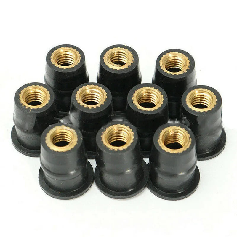 Motorcycle windshield brass rubber nut fastener kit with 10 pieces in M4, M5 and M6 thread sizes