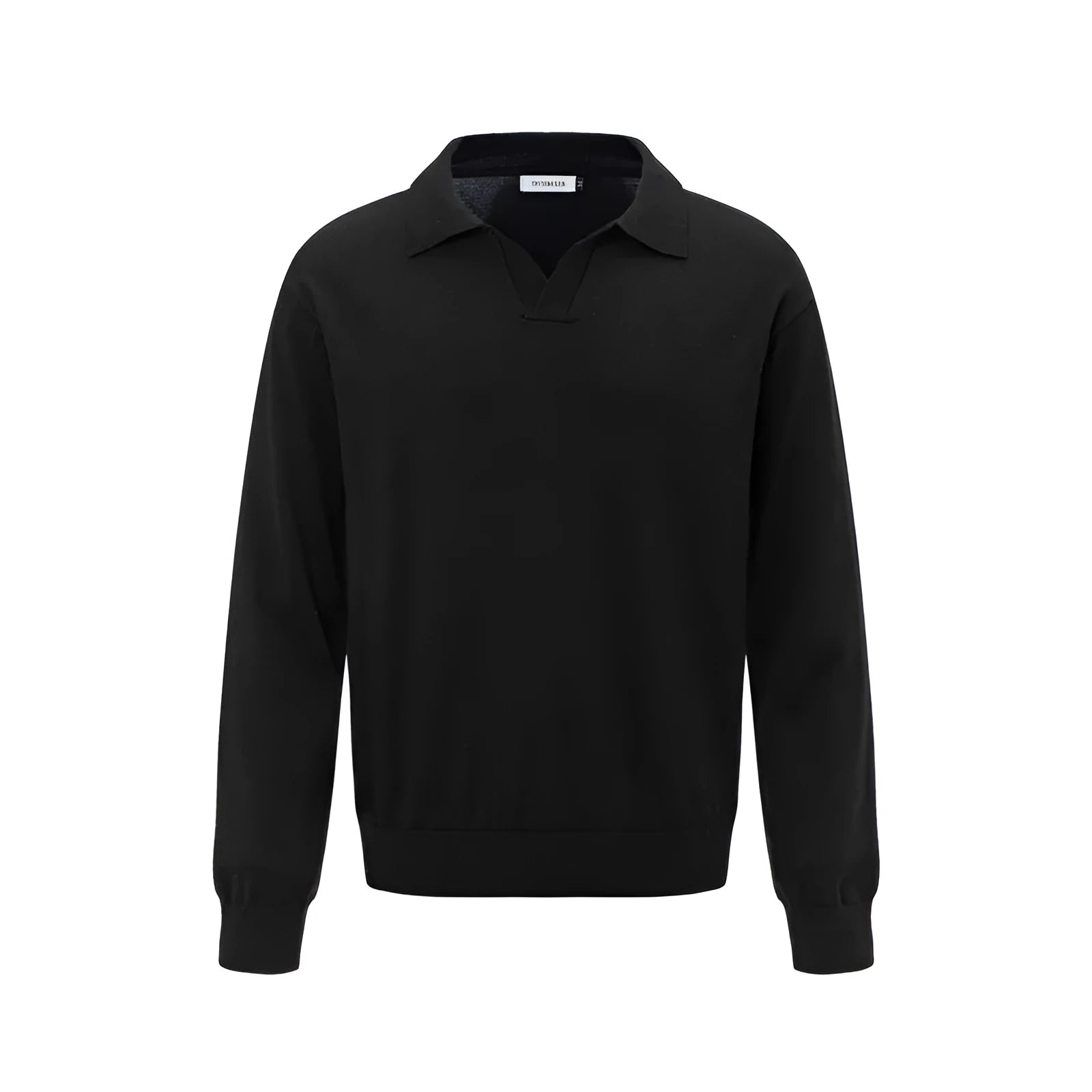 Man wearing a loose fit black pullover sweater for casual leisure wear.