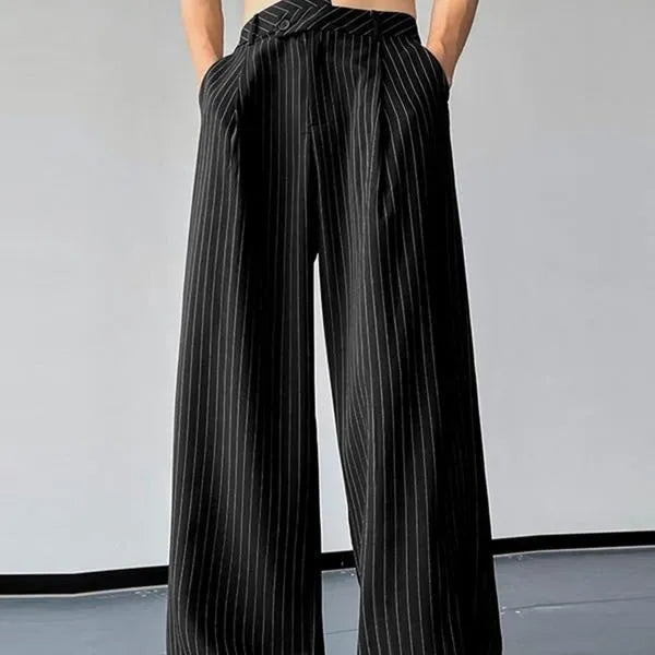 Men's black vertical striped pleated casual trousers with elastic fabric