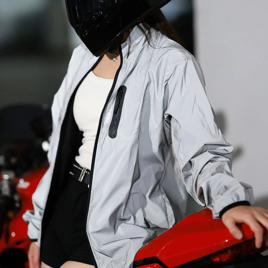 Silver waterproof polyester long sleeve coat showing windproof features and European sizing options