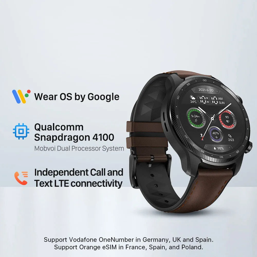 Ticwatch Pro X smartwatch with round display on a wrist, showing 4G connectivity and dual-screen interface.