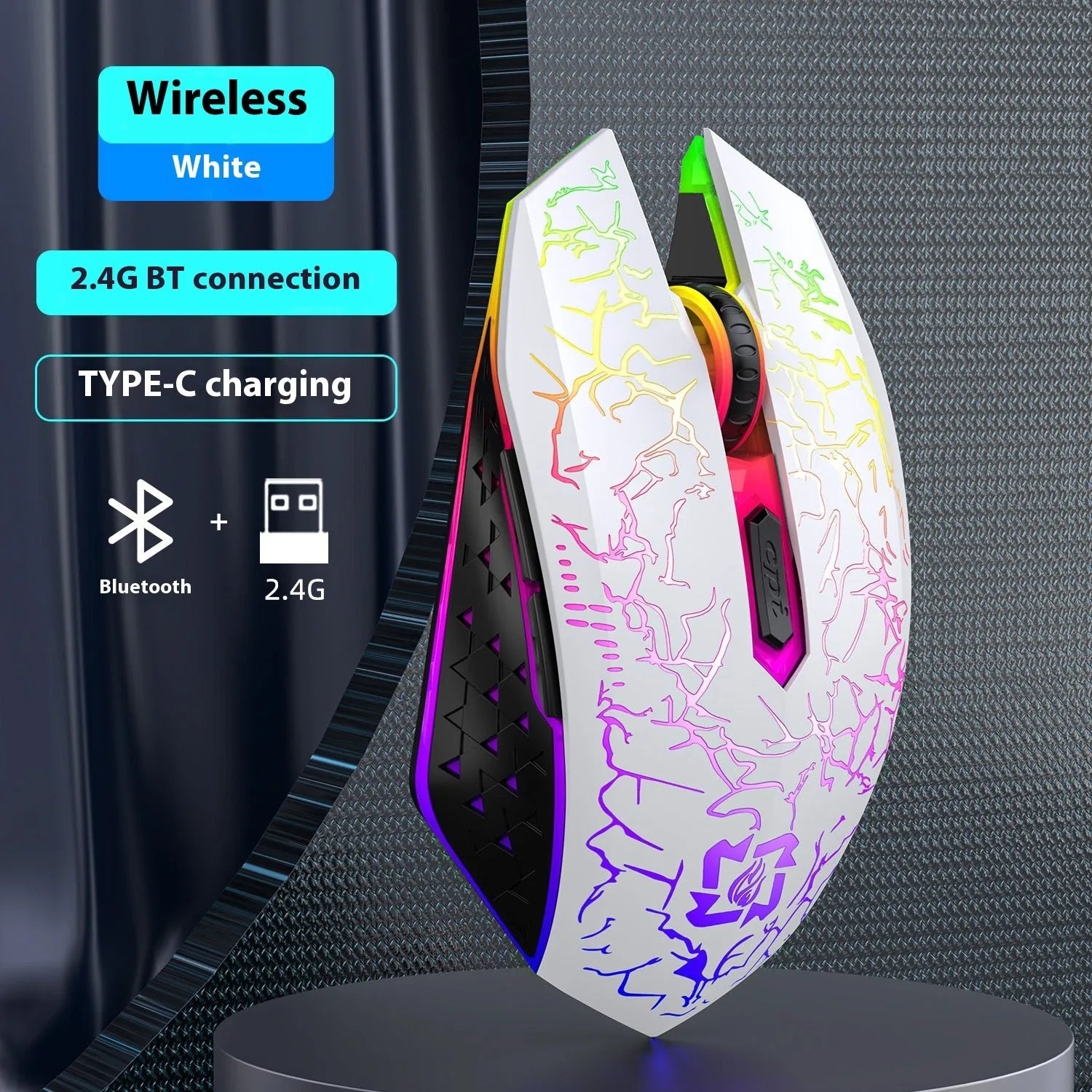 Black and white wireless gaming mouse with luminous breathing light on desktop