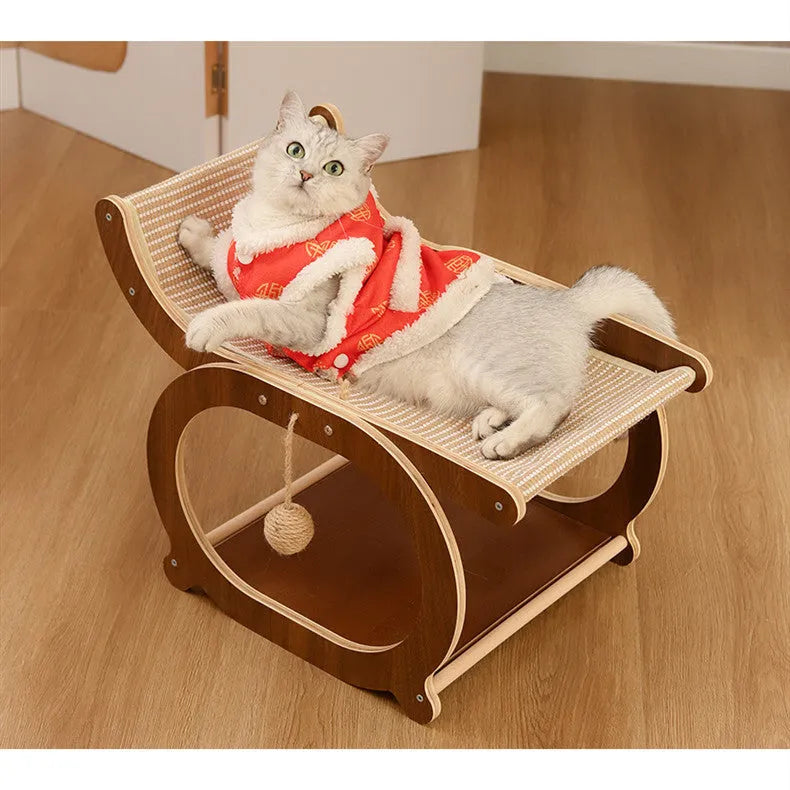 Solid wood sisal cat scratching mat bed in walnut colour with integrated lounger area