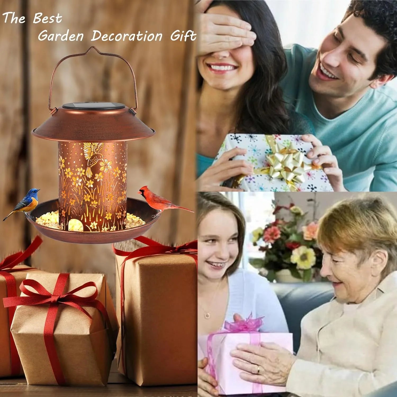 Solar-powered iron bird feeder with hummingbird pattern and integrated garden light