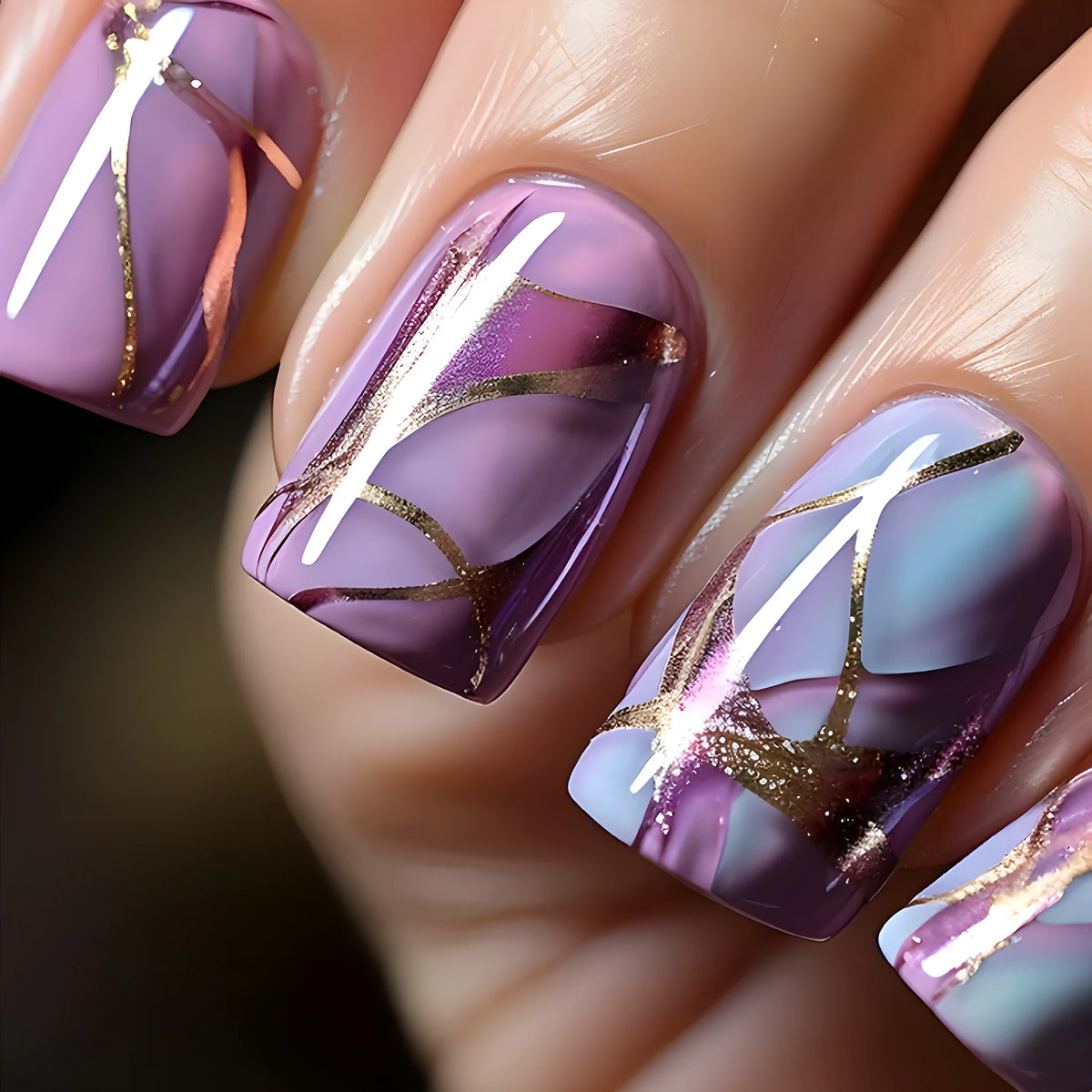 Medium-length purple striped nail stickers with European and American design style including wipe jelly glue