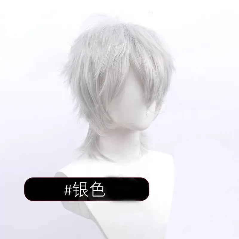Men's short anime cosplay wig in multiple colours made from heat-resistant synthetic fibre