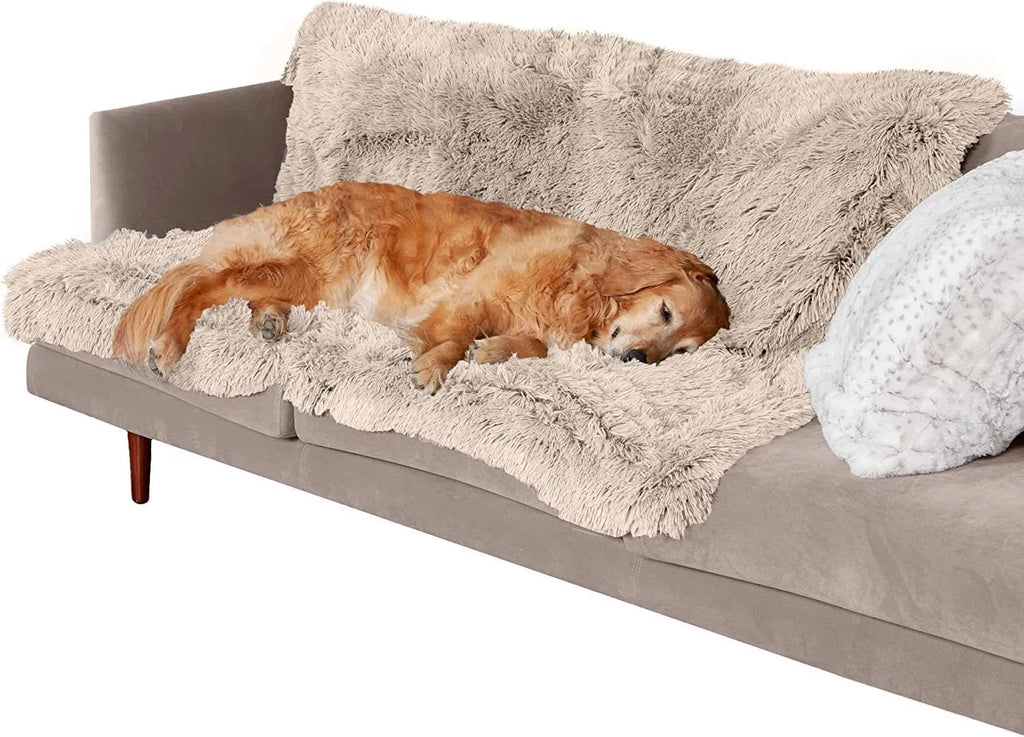 Plush waterproof dog cushion in dark grey, light grey and rubber colour options showing four size variations