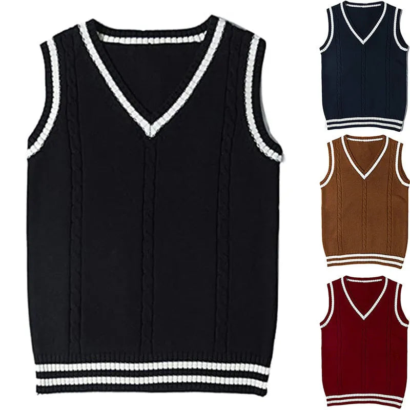 Women's slim-fit V-neck knitted waistcoat with striped stitching in acrylic fibre.