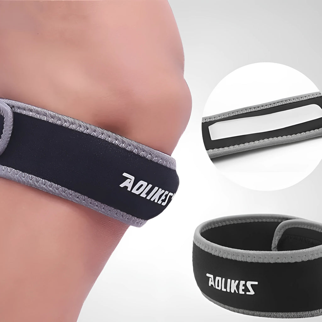 Black and grey patella retinaculum knee support for sports like running and cycling