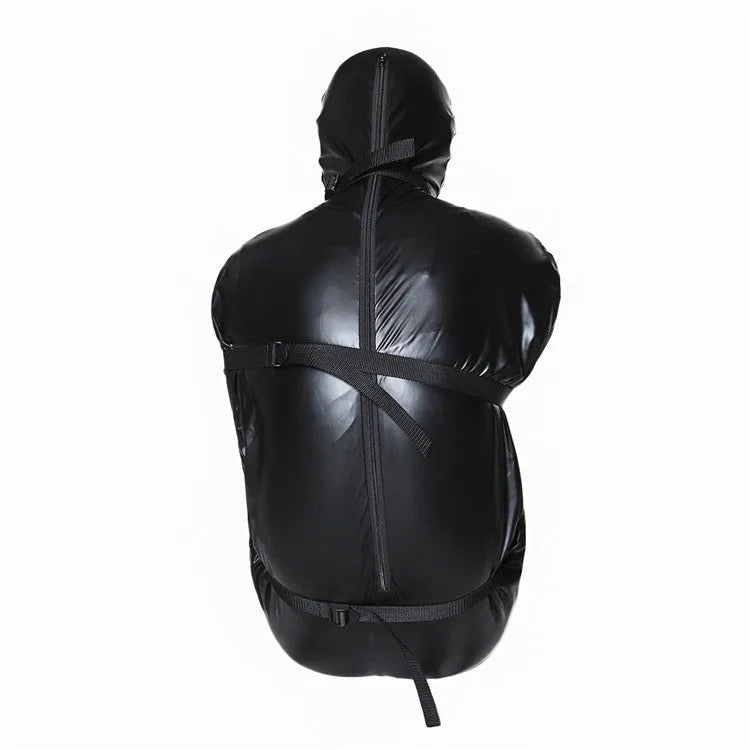 Black patent leather bondage clothing set with full body wrap and six ratchet tie-down straps