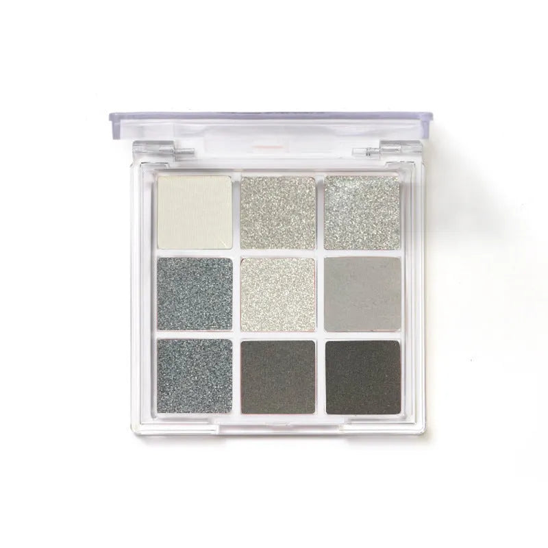 INS style nine-colour smoked eyeshadow palette showing white silver black and iron grey shades