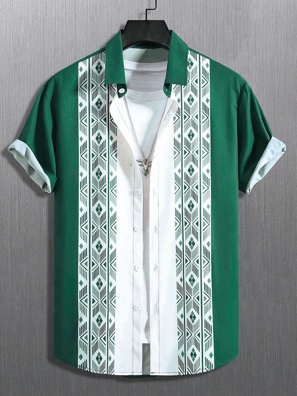 Men's plaid short-sleeved cardigan shirt in a contrast colour, loose fit, on a hanger.