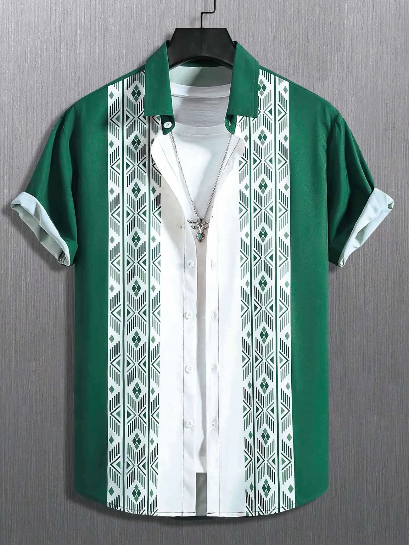 Men's plaid short-sleeved cardigan shirt in a contrast colour, loose fit, on a hanger.