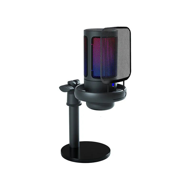 RGB USB condenser microphone with heart-shaped polar pattern and optional anti-spray mesh for streaming