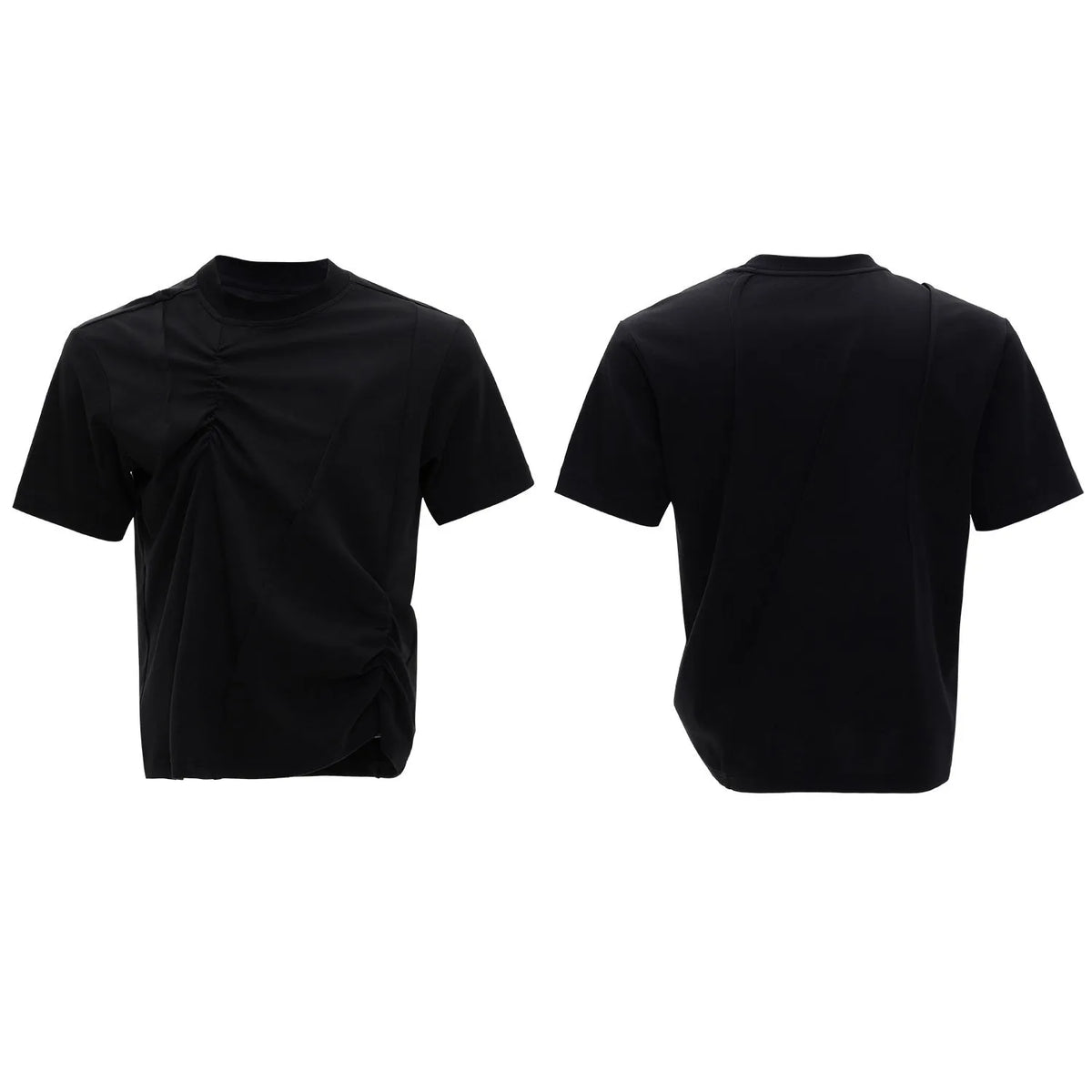 Men's loose-fit cotton T-shirt with three-dimensional pleats and asymmetric stitching in solid colour