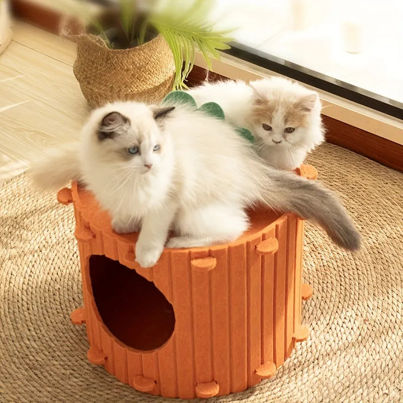 Grey felt cat tunnel with a semi-enclosed drilled design, shown in medium and large size options.