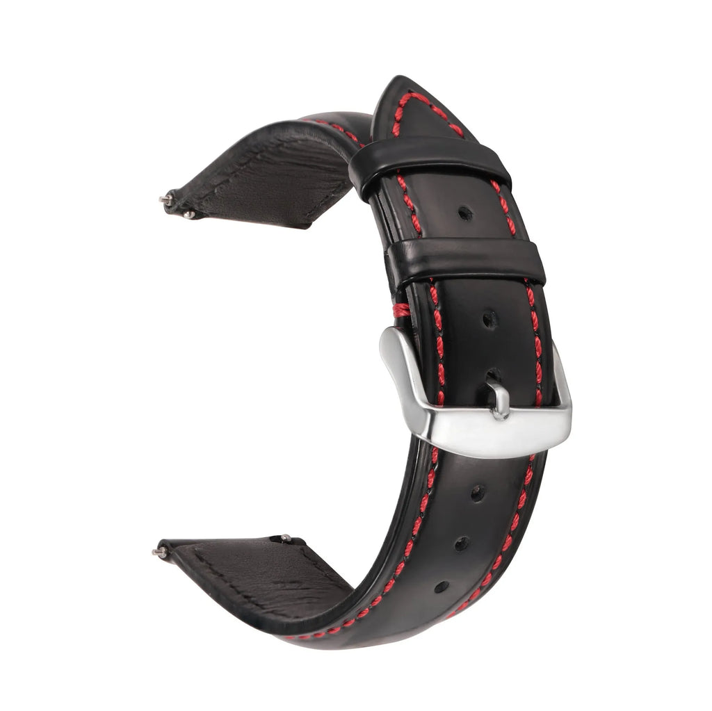 Quick release leather watch strap in cowhide with bright finish showing colour options and width sizes