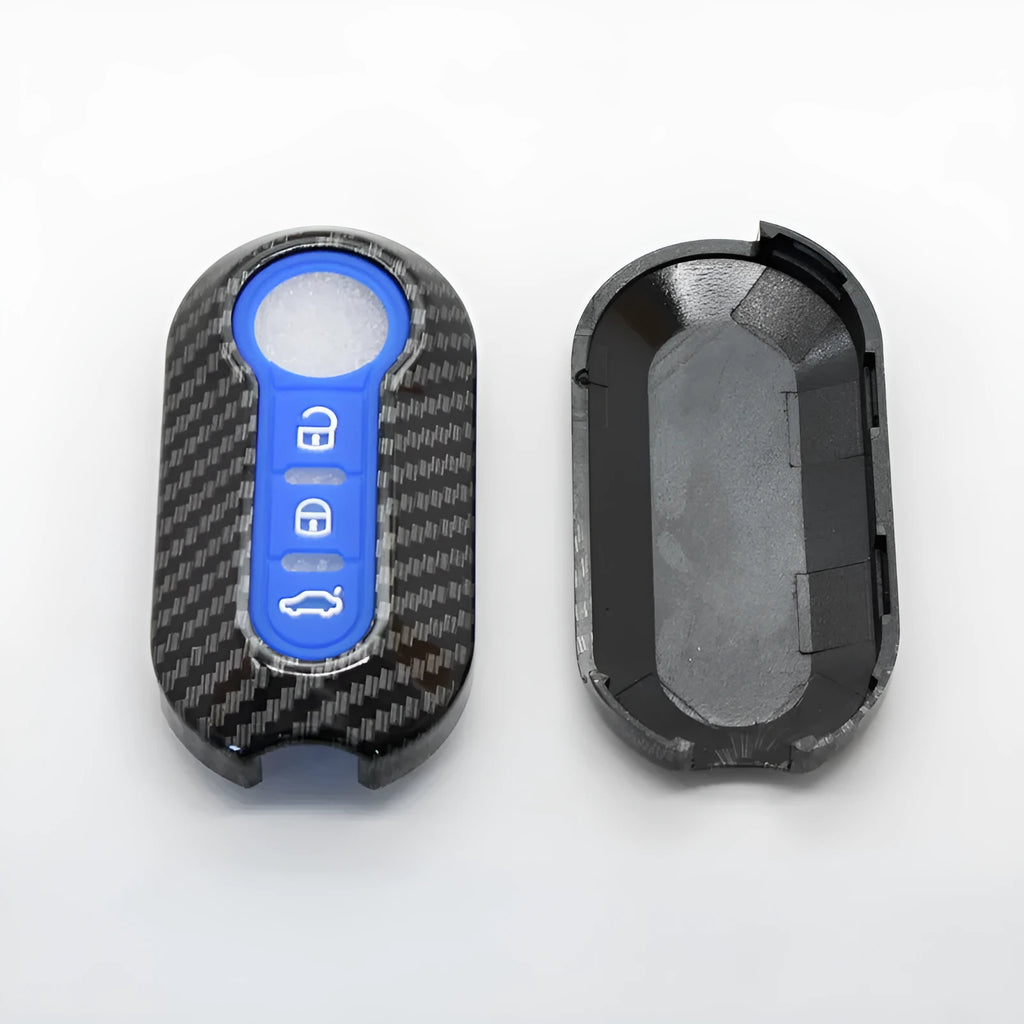 Fiat 500 Boyue Ottimo Viaggio carbon fibre design remote key case in black, red, and dark blue