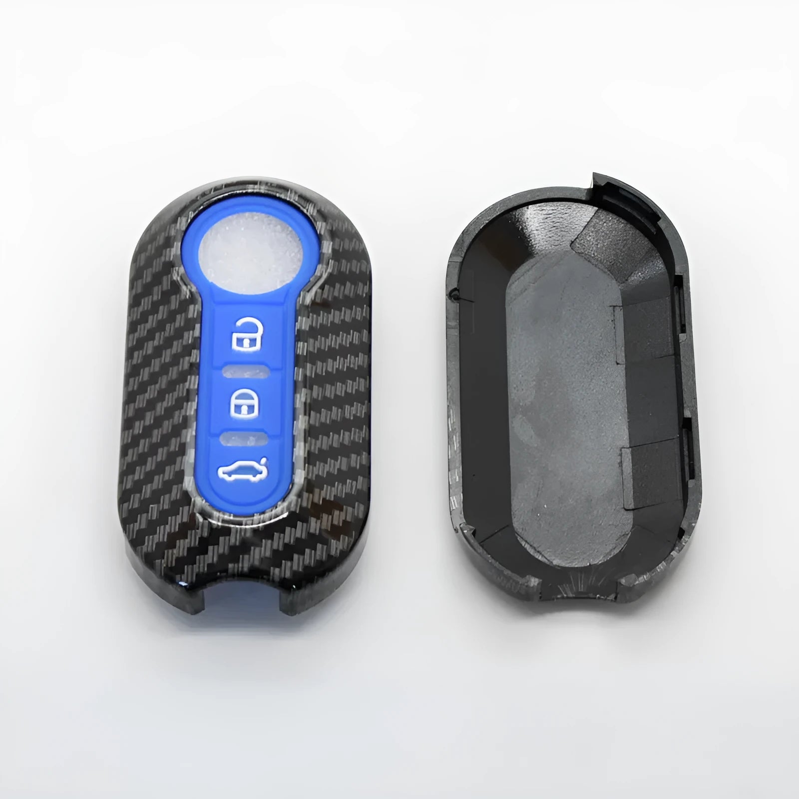 Fiat 500 Boyue Ottimo Viaggio carbon fibre design remote key case in black, red, and dark blue