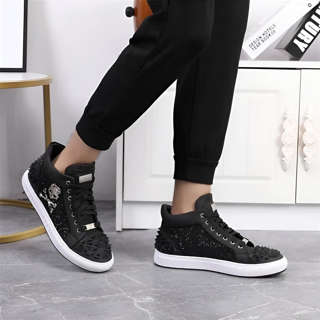 Men's genuine leather high top skeleton shoes with lace-up closure and rubber sole