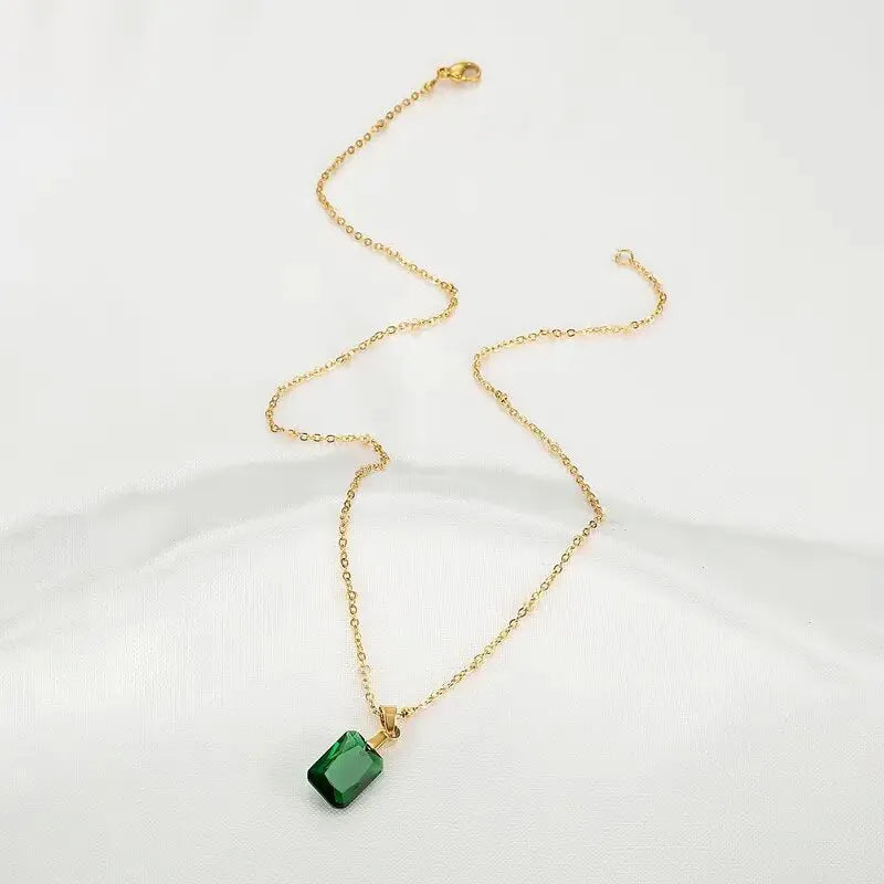 Rectangular copper pendant necklace with geometric design in XL1006 green on O-ring chain