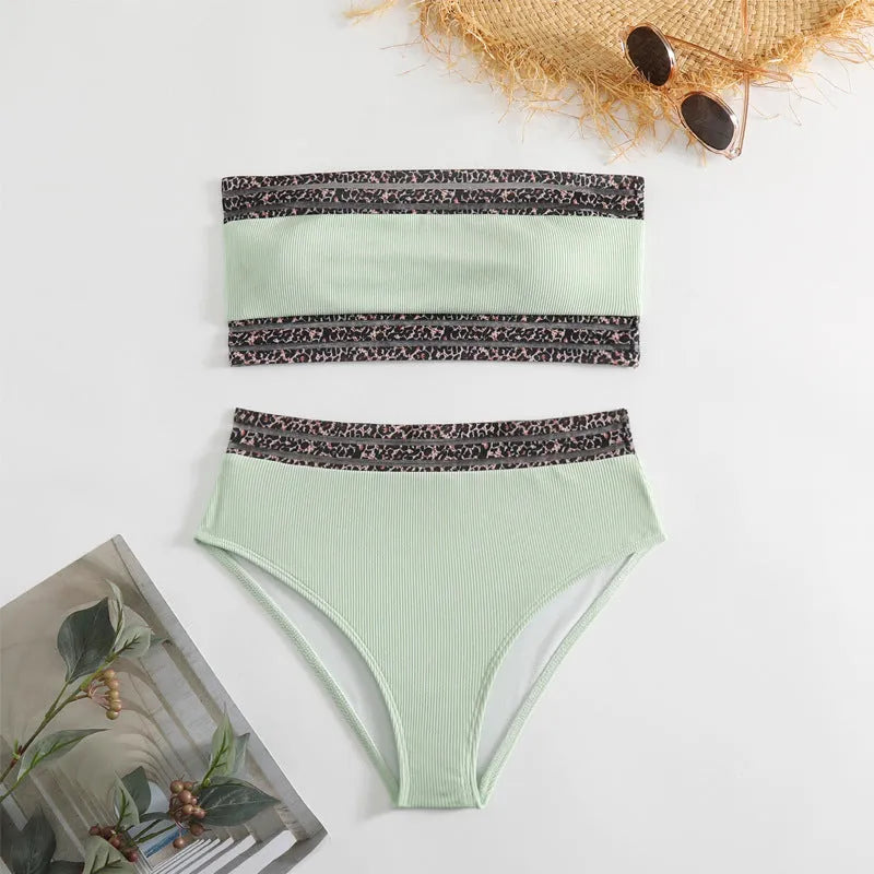 Black strapless swimsuit with leopard print design on quick-dry nylon fabric