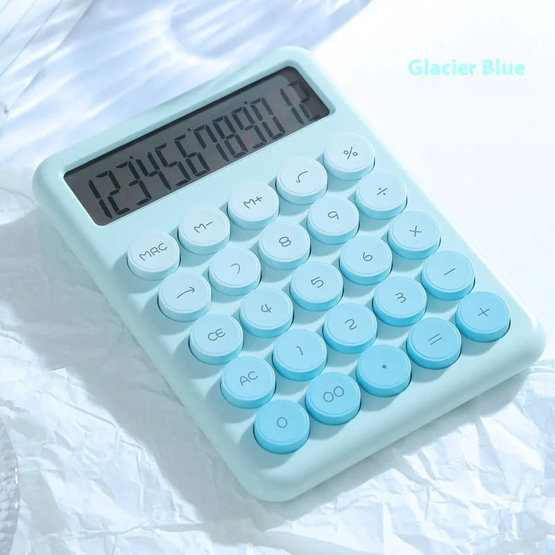 Desk calculator with gradient colour design in pastel violet, pink, blue, and green shades