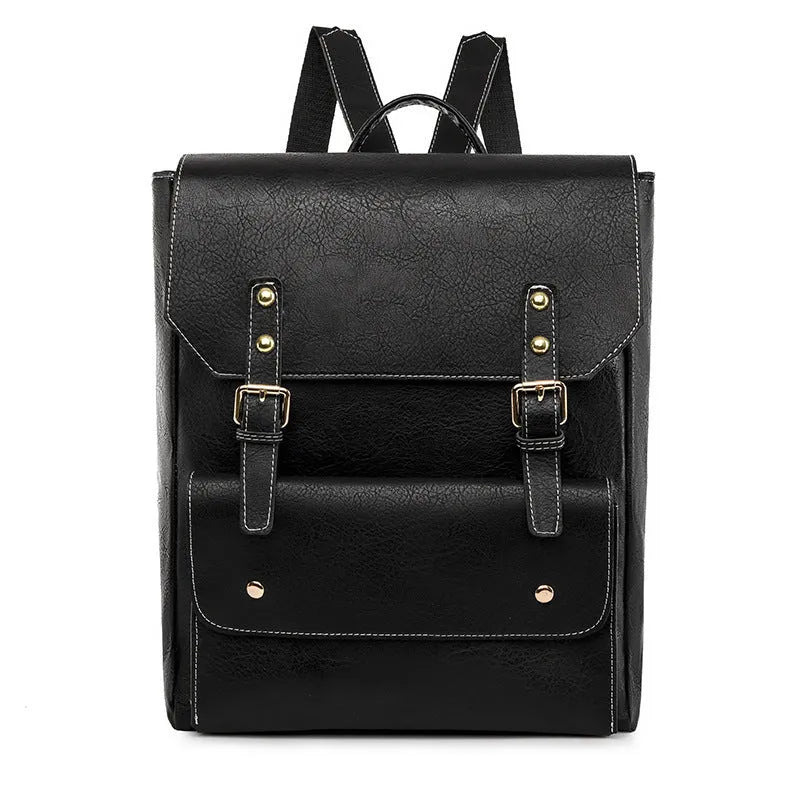 Korean style retro simple backpack in soft PU leather, shown in one of four colour options.
