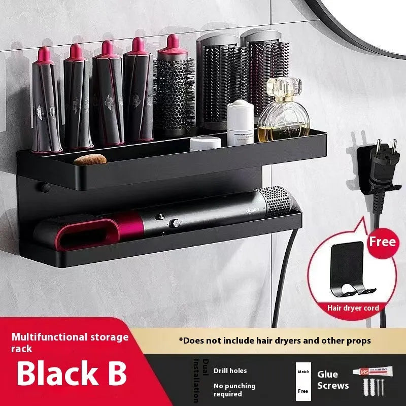 White double-layer aluminium punch-free storage rack holding Marcel Wavers on a bathroom wall.