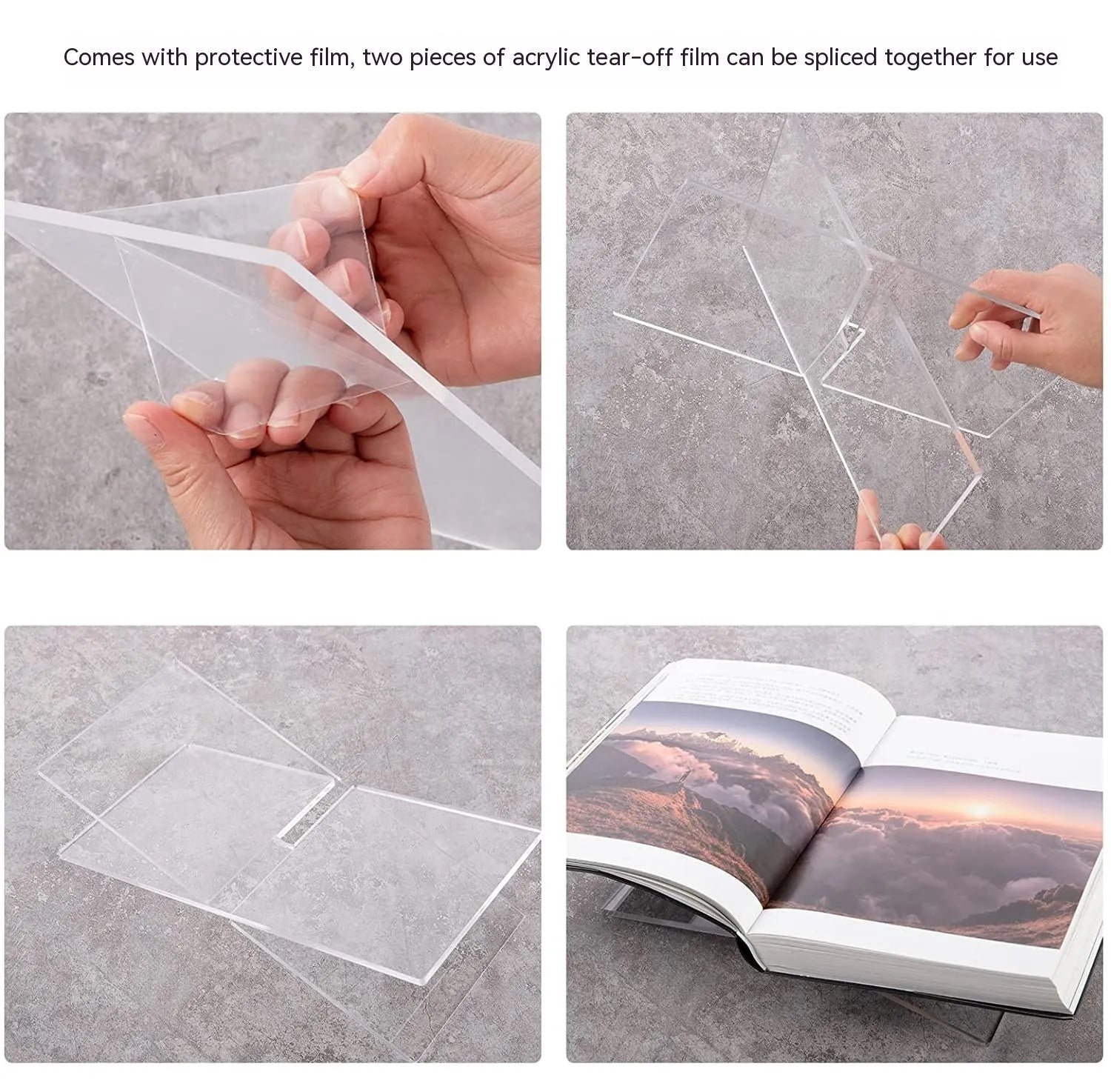 Clear acrylic X-shaped book display rack holding a book on a desktop