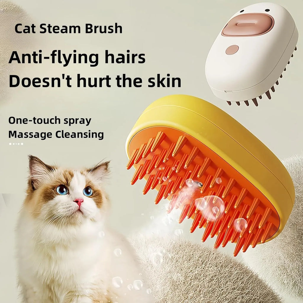 White and yellow 3-in-1 rechargeable steam grooming brush for cats and dogs with rubber comb teeth