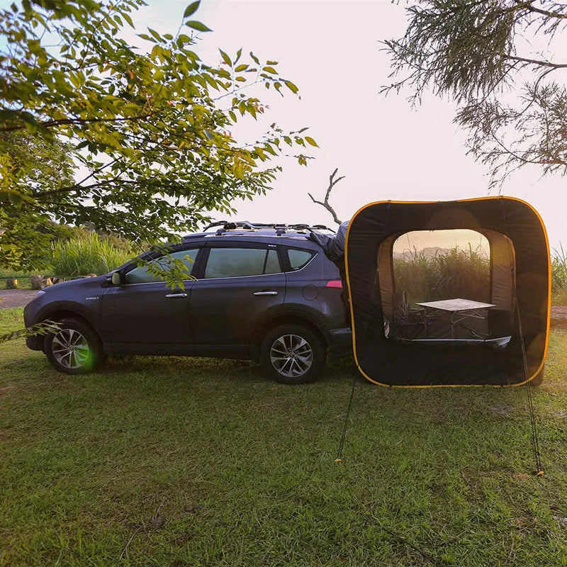 Black pop-up camping tent attached to car tail with quick-throw design and waterproof Oxford cloth
