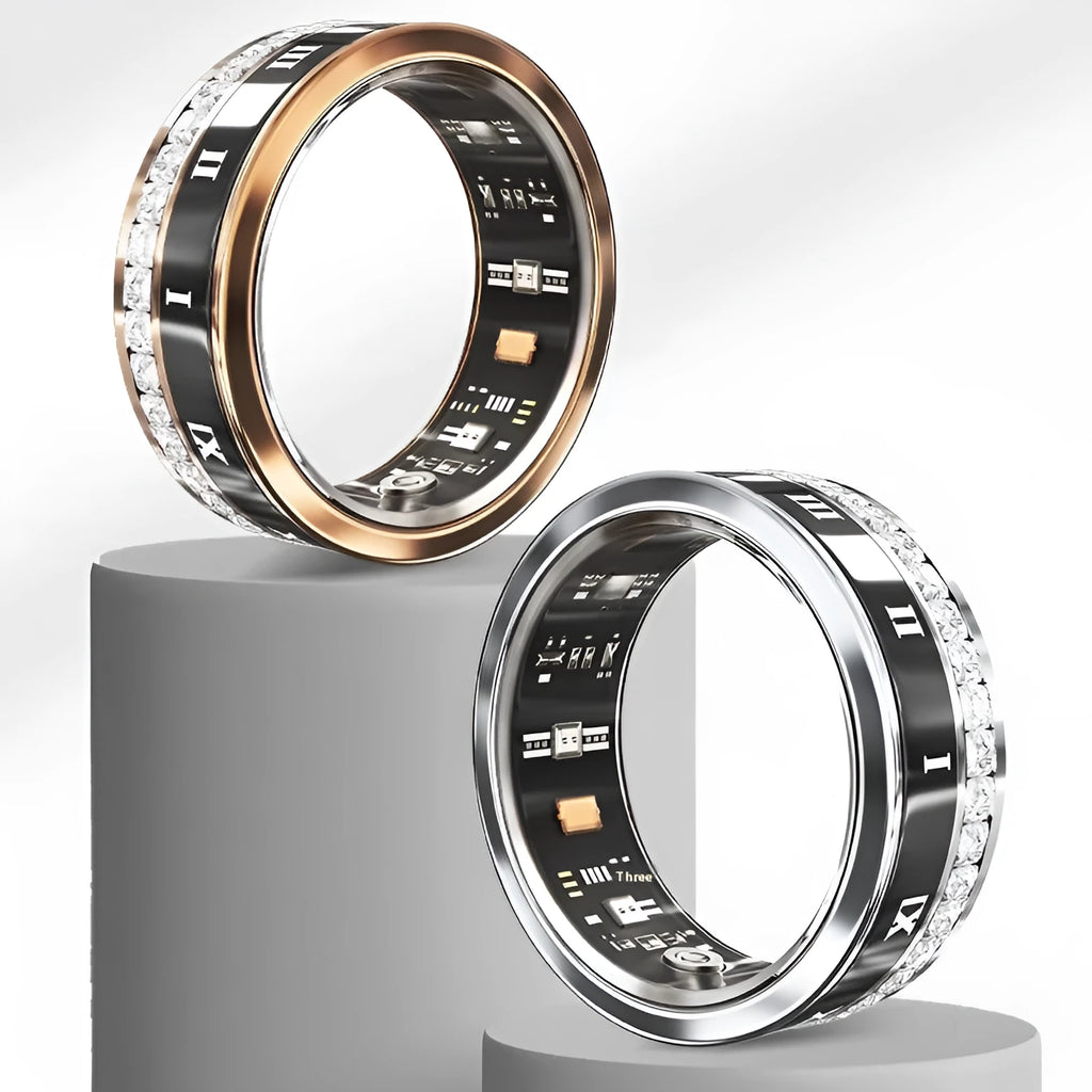 Diamond inlaid smart ring showing health monitoring features on finger