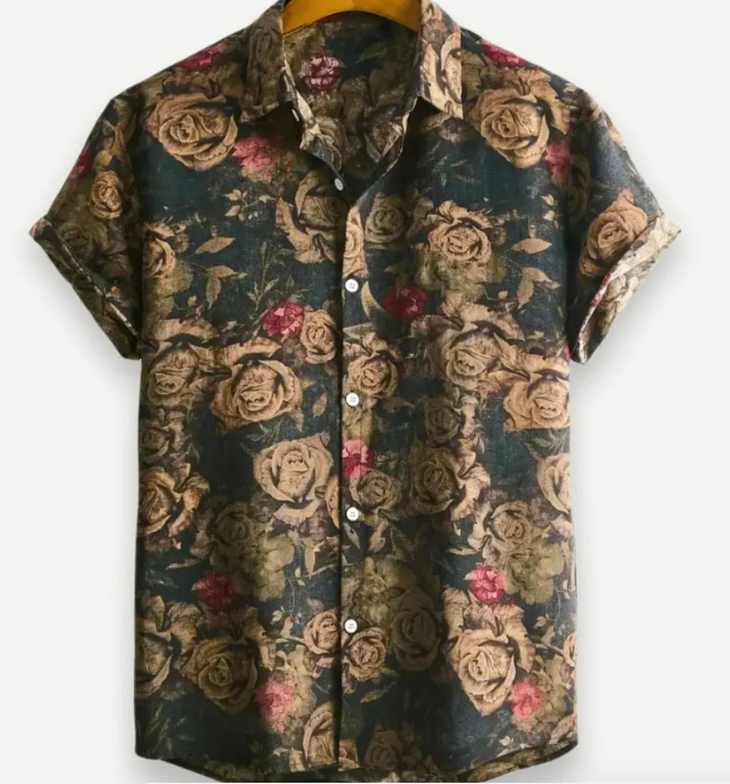 Hawaiian floral print short sleeve shirt with lapel collar in elastic polyester fabric