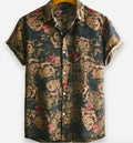 Hawaiian floral print short sleeve shirt with lapel collar in elastic polyester fabric