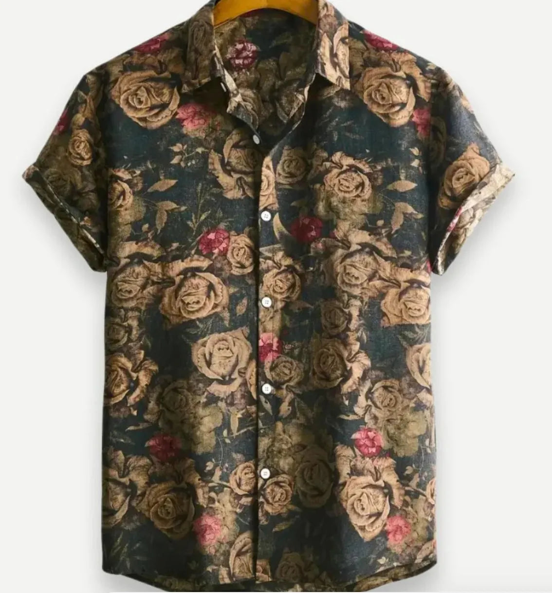 Hawaiian floral print short sleeve shirt with lapel collar in elastic polyester fabric