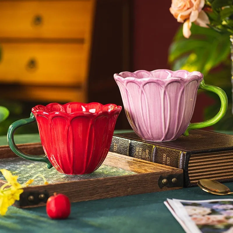 Ceramic breakfast cup with floral pastoral pattern showing 500ml capacity and red or purple colour options