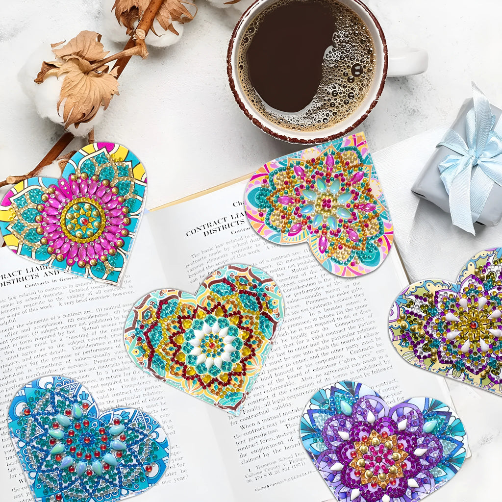 Six handmade PU leather bookmarks with stick-on crystal flower corners in modern simplicity style