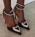 Women's pointed heart-shaped rhinestone sandals with satin upper and cross-belt strap in pink colour