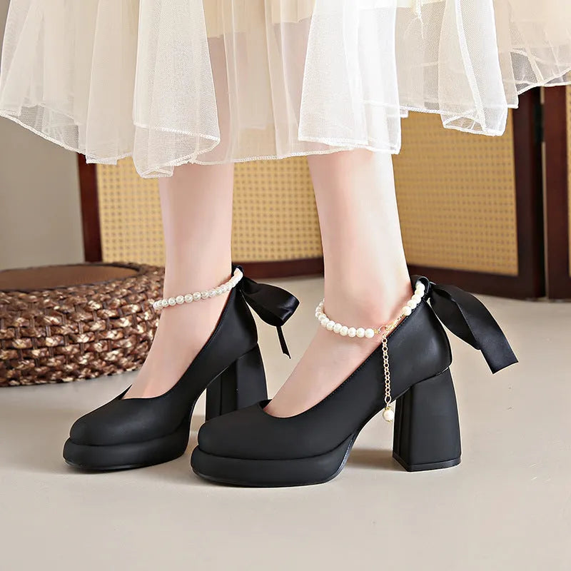 Women's Mary Jane shoes with chunky heel and ankle-strap buckle in beige, black, or milk tea colour