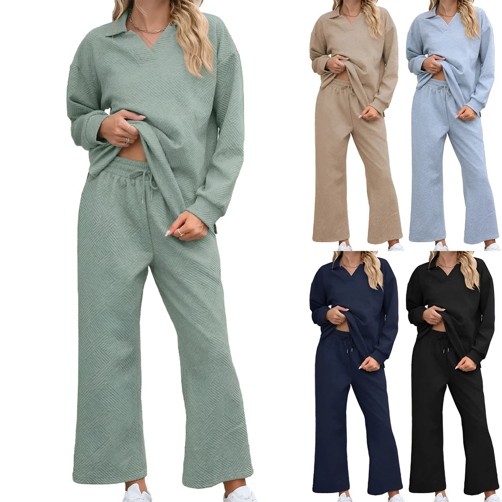 Women's solid colour knitted jacquard suit with lapel sweater and elastic waist pants in urban style