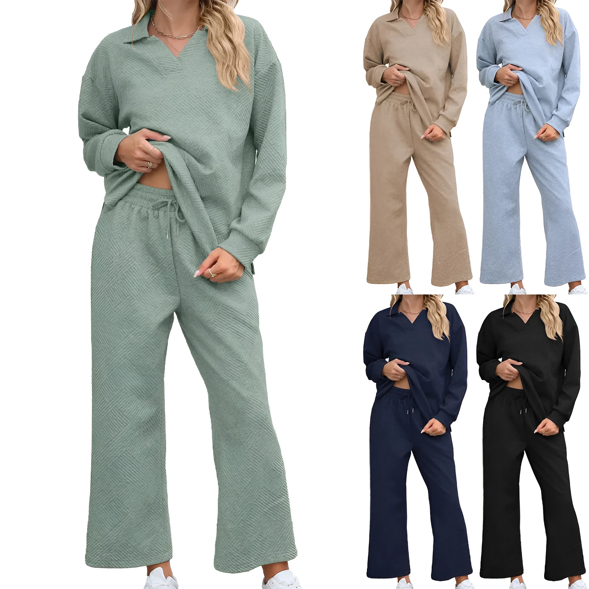 Women's solid colour knitted jacquard suit with lapel sweater and elastic waist pants in urban style