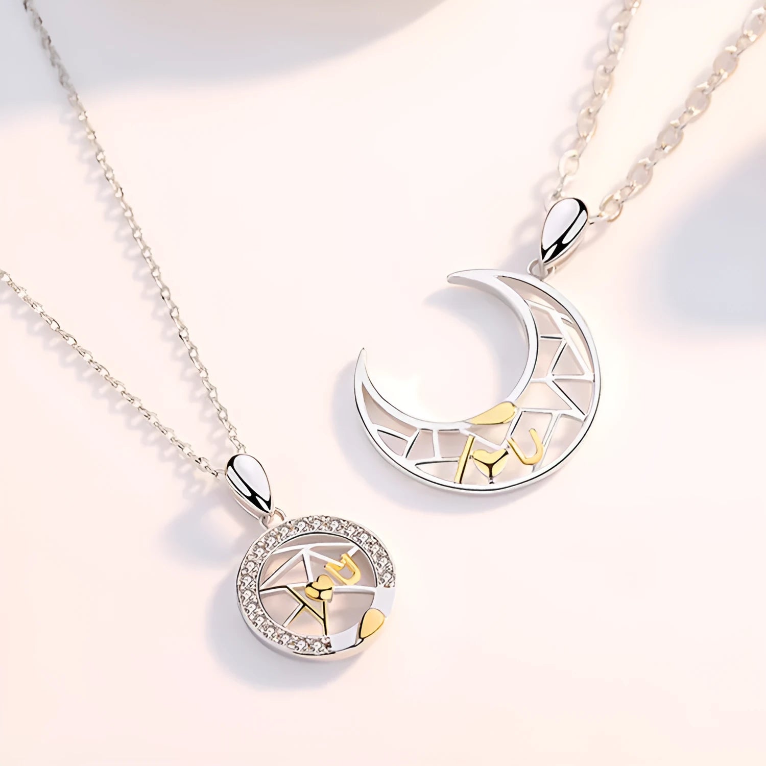 Sun and moon copper couple necklace set with electroplated finish on cross chain