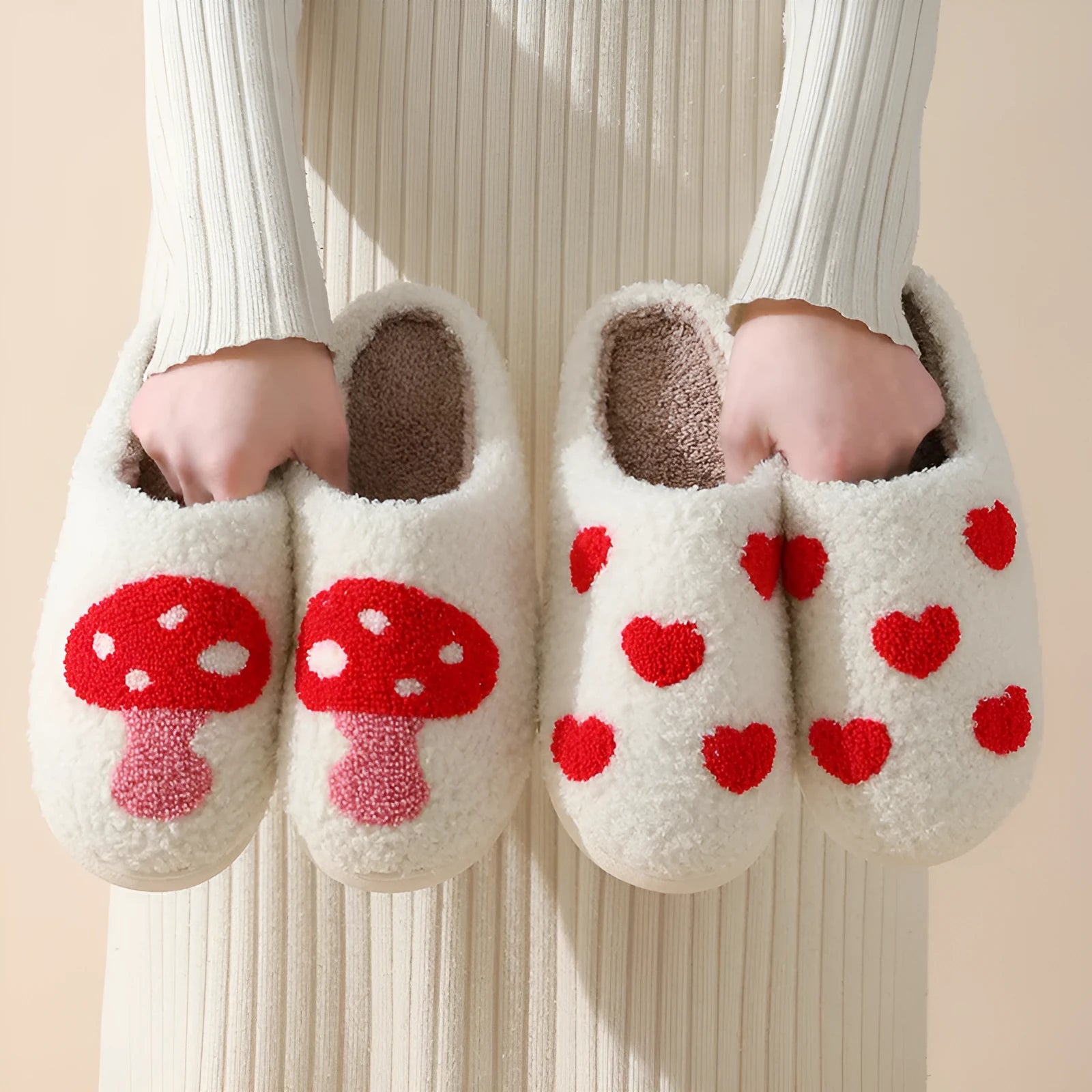 Women's plush cartoon love style slippers with non-slip PVC sole in Big Love pattern.
