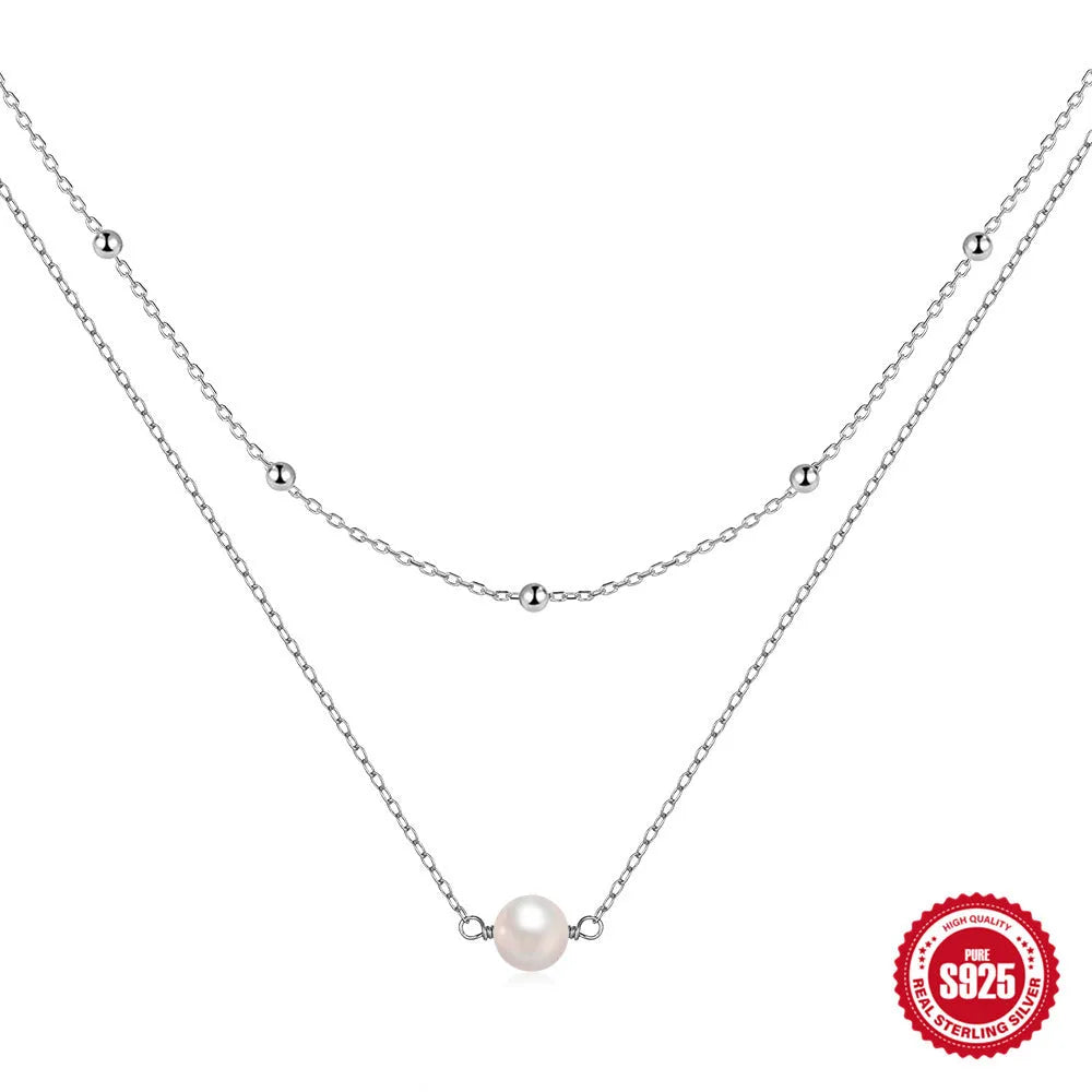 S925 sterling silver double layer necklace with twin pearls on geometric pendant, gold or white gold plating
