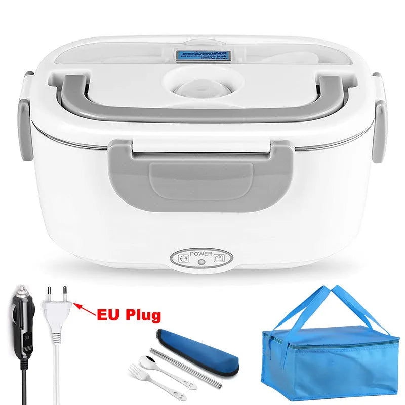 Grey dual-purpose electric lunch box with plug showing compact 170x108x238mm dimensions