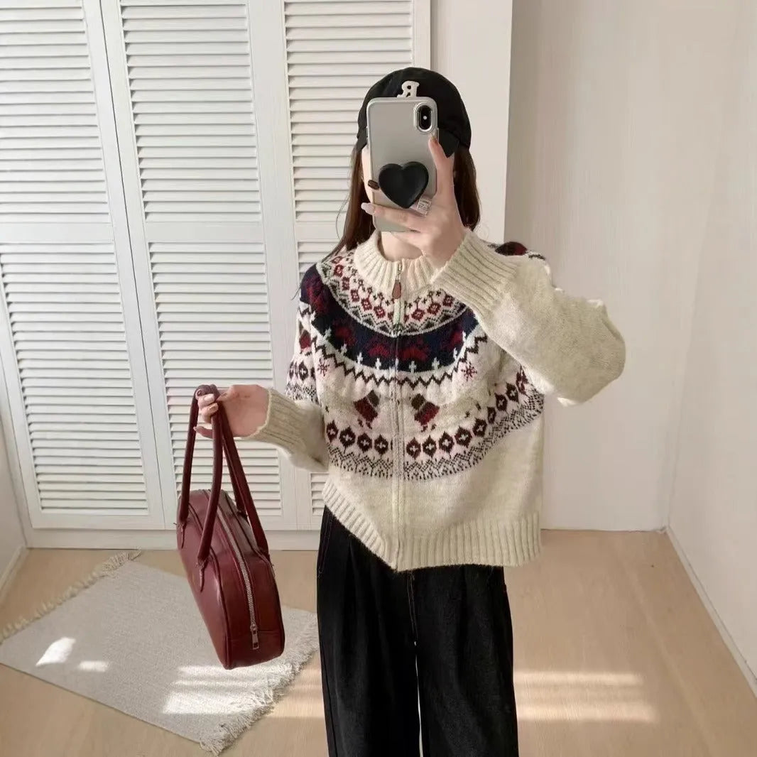 Ethnic style jacquard pullover sweater with 3D pattern in beige apricot colour