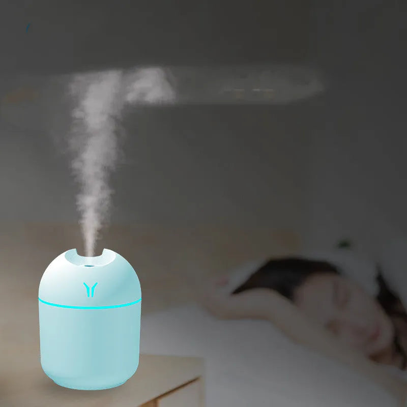Round desktop humidifier with USB cable in ivory white, sky blue, or pink colour options