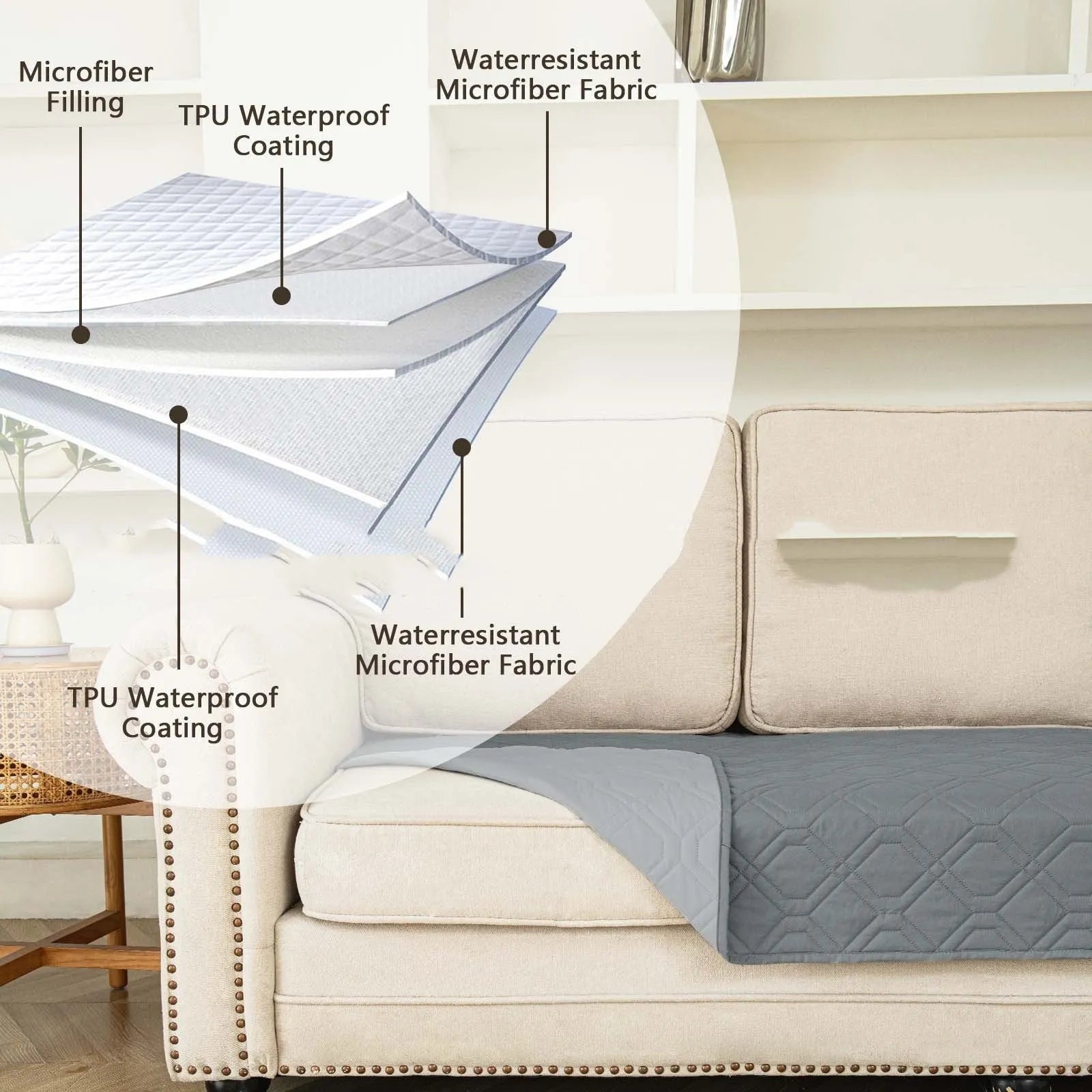 Double-sided waterproof dog sofa cushion in dark grey and light grey reversible colours on a sofa